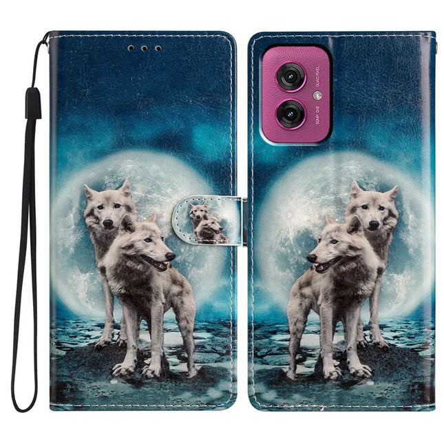 For Motorola Moto G55 5G Wallet Case PU Leather Pattern Printing Stand Phone Cover with Strap - Two Wolves