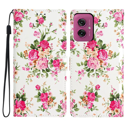 For Motorola Moto G55 5G Wallet Case PU Leather Pattern Printing Stand Phone Cover with Strap - Red Flowers