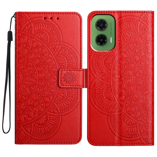 For Motorola Moto G35 5G Leather Case with Card Slots Mandala Pattern Phone Cover Stand - Red