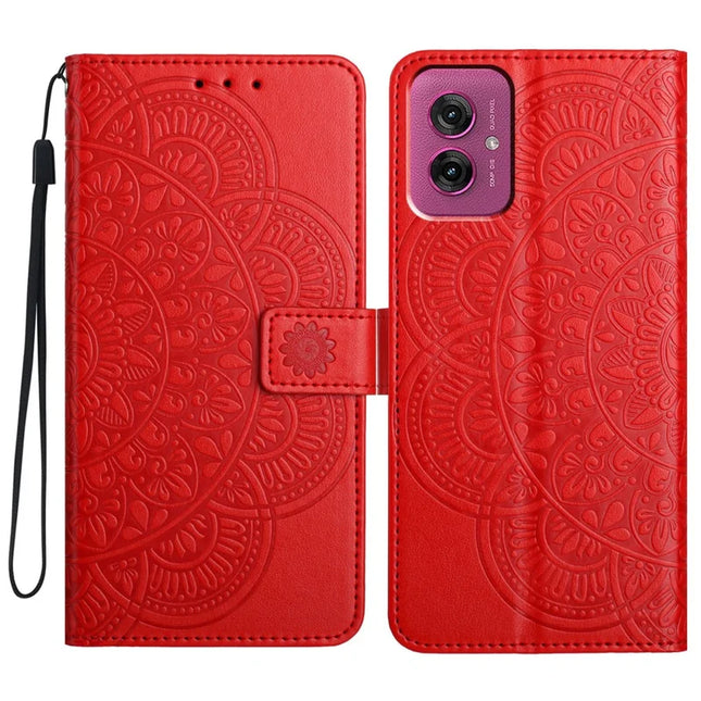 For Motorola Moto G55 5G Leather Case with Card Slots Mandala Pattern Phone Cover Stand - Red