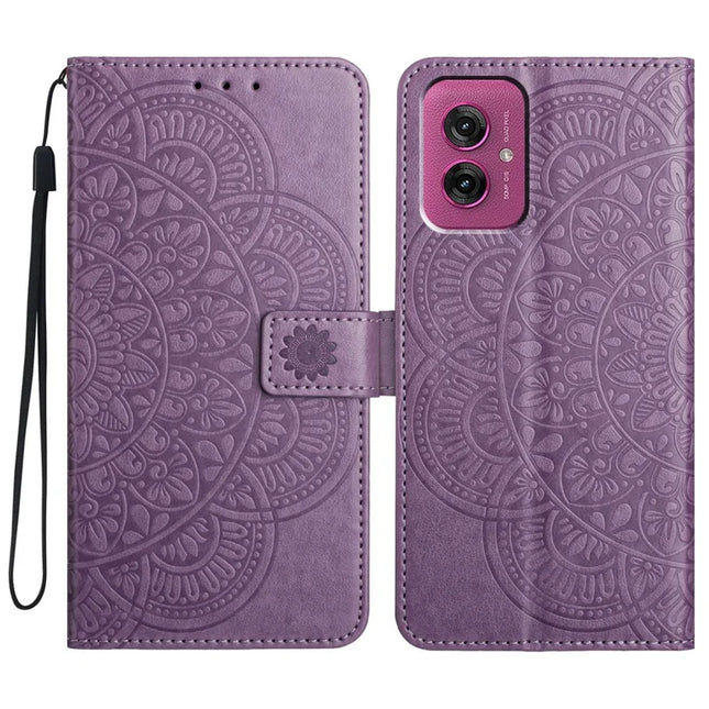 For Motorola Moto G55 5G Leather Case with Card Slots Mandala Pattern Phone Cover Stand - Purple