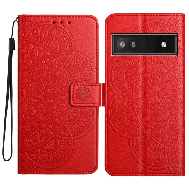 For Google Pixel 9a Leather Case with Card Slots Mandala Pattern Phone Cover Stand - Red