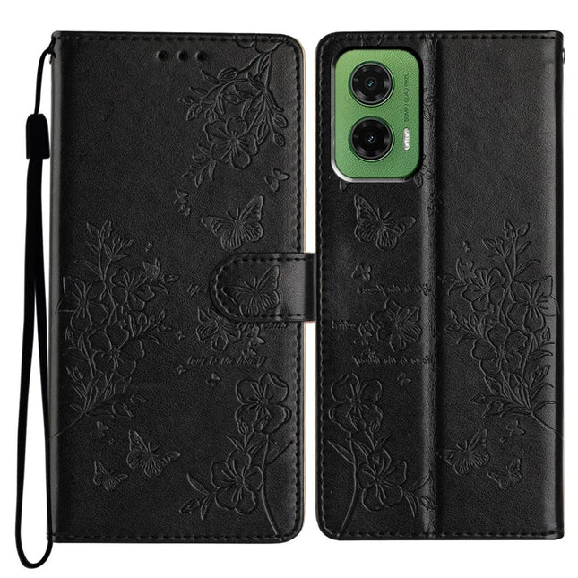 For Motorola Moto G35 5G Wallet Phone Case Butterfly Floral Imprint Leather Flip Cover - Black