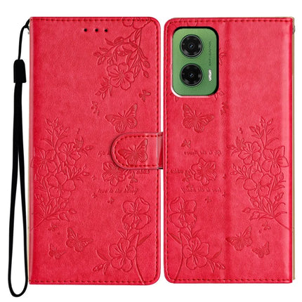 For Motorola Moto G35 5G Wallet Phone Case Butterfly Floral Imprint Leather Flip Cover - Red
