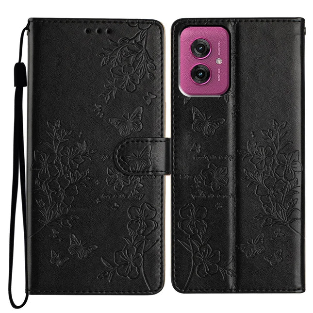 For Motorola Moto G55 5G Wallet Phone Case Butterfly Floral Imprint Leather Flip Cover - Black