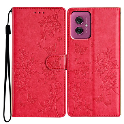 For Motorola Moto G55 5G Wallet Phone Case Butterfly Floral Imprint Leather Flip Cover - Red