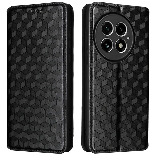 For OnePlus 13 Wallet Case Rhombus Imprinted Leather Phone Cover - Black