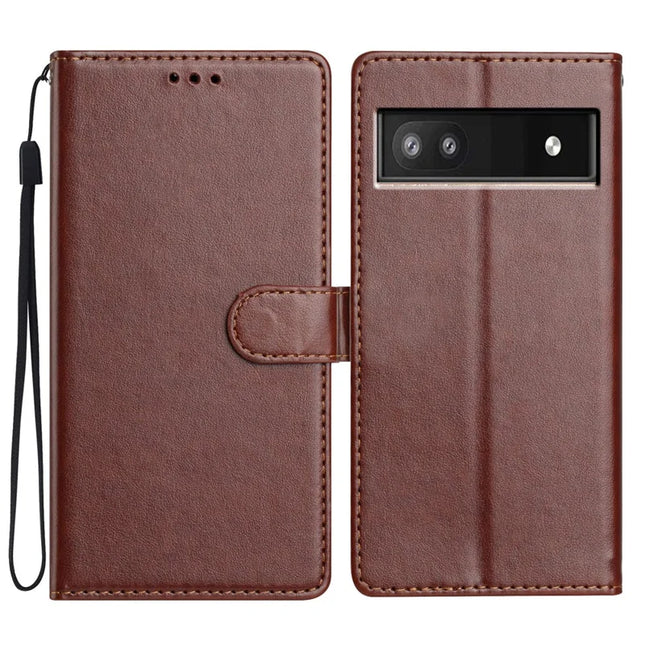 For Google Pixel 9a Leather Case Wallet Stand Phone Cover with Handy Strap - Brown