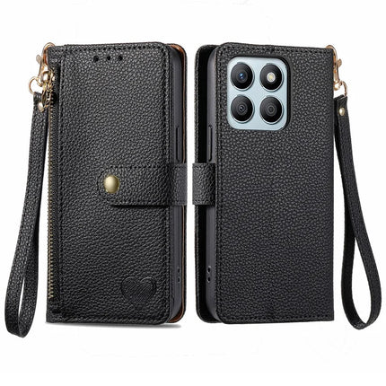 RFID Blocking Case For Honor X7c 4G / 200 Smart 5G / Play 60 Plus 5G Zipper Pocket Leather Wallet Phone Cover - Black