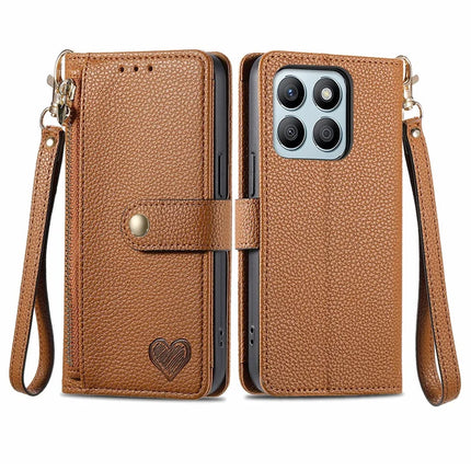 RFID Blocking Case For Honor X7c 4G / 200 Smart 5G / Play 60 Plus 5G Zipper Pocket Leather Wallet Phone Cover - Brown