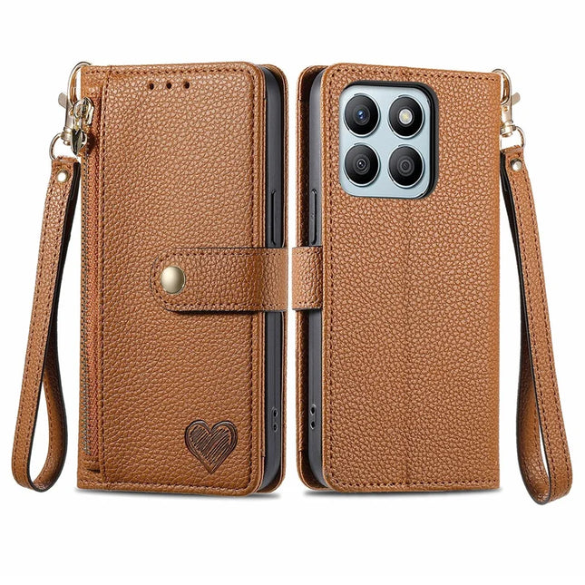 RFID Blocking Case For Honor X7c 4G / 200 Smart 5G / Play 60 Plus 5G Zipper Pocket Leather Wallet Phone Cover - Brown