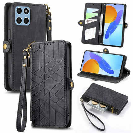 Case For Honor X7c 4G / 200 Smart 5G / Play 60 Plus 5G Zipper Wallet Geometry Lines Leather Phone Cover - Black