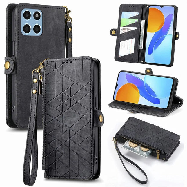 Case For Honor X7c 4G / 200 Smart 5G / Play 60 Plus 5G Zipper Wallet Geometry Lines Leather Phone Cover - Black