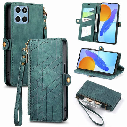 Case For Honor X7c 4G / 200 Smart 5G / Play 60 Plus 5G Zipper Wallet Geometry Lines Leather Phone Cover - Green