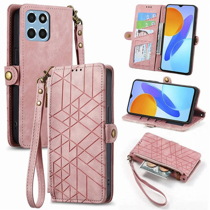 Case For Honor X7c 4G / 200 Smart 5G / Play 60 Plus 5G Zipper Wallet Geometry Lines Leather Phone Cover - Pink