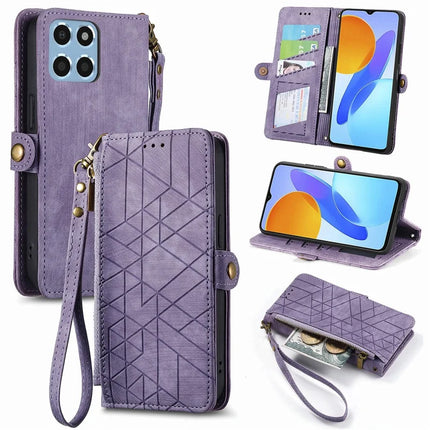 Case For Honor X7c 4G / 200 Smart 5G / Play 60 Plus 5G Zipper Wallet Geometry Lines Leather Phone Cover - Light Purple