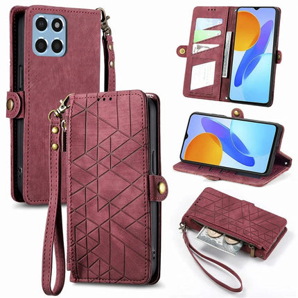 Case For Honor X7c 4G / 200 Smart 5G / Play 60 Plus 5G Zipper Wallet Geometry Lines Leather Phone Cover - Red