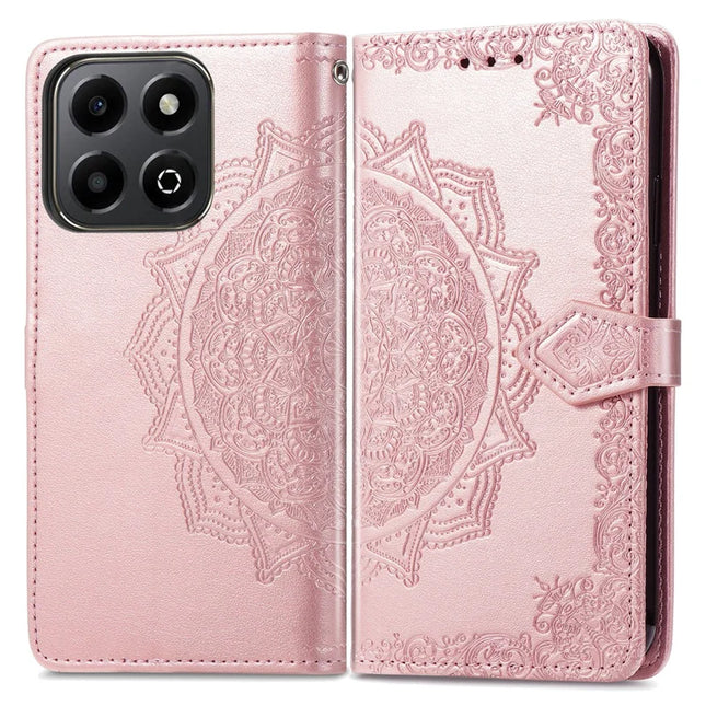 Wallet Case For Honor X7c 4G / 200 Smart 5G / Play 60 Plus 5G Mandala Flower Leather Phone Cover Stand View - Rose Gold