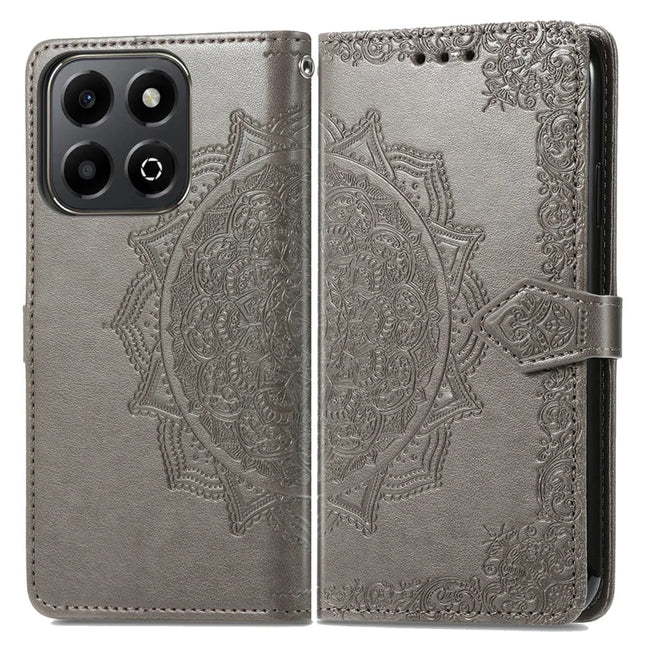 Wallet Case For Honor X7c 4G / 200 Smart 5G / Play 60 Plus 5G Mandala Flower Leather Phone Cover Stand View - Grey