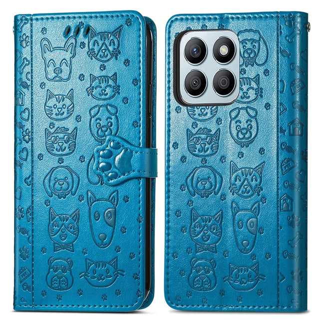 Leather Case For Honor X7c 4G / 200 Smart 5G / Play 60 Plus 5G Wallet Flip Phone Cover Cute Cat Dog Pattern - Blue