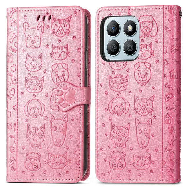 Leather Case For Honor X7c 4G / 200 Smart 5G / Play 60 Plus 5G Wallet Flip Phone Cover Cute Cat Dog Pattern - Pink