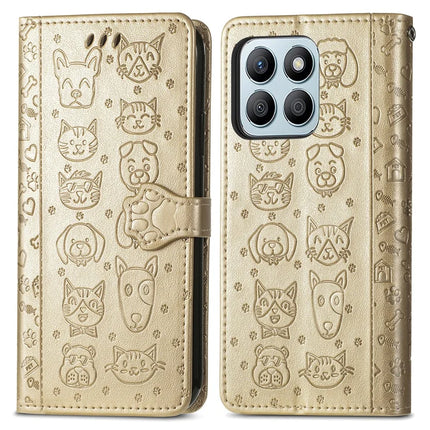 Leather Case For Honor X7c 4G / 200 Smart 5G / Play 60 Plus 5G Wallet Flip Phone Cover Cute Cat Dog Pattern - Gold
