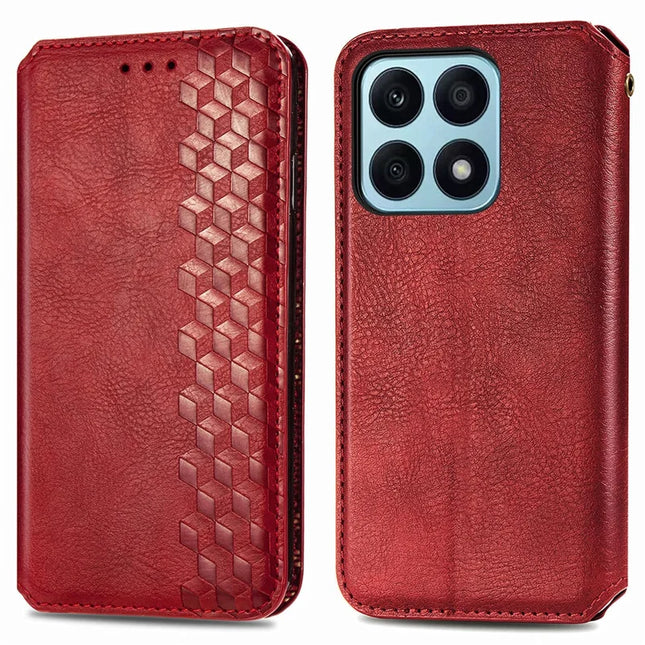 PU Leather Case For Honor X7c 4G / 200 Smart 5G / Play 60 Plus 5G Rhombus Imprint Wallet Stand Phone Cover - Red
