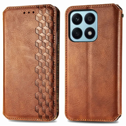 PU Leather Case For Honor X7c 4G / 200 Smart 5G / Play 60 Plus 5G Rhombus Imprint Wallet Stand Phone Cover - Brown
