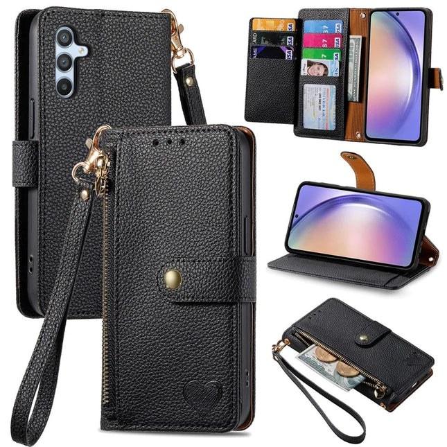 For Samsung Galaxy A36 5G / A56 5G Case RFID Blocking Zipper Pocket Leather Wallet Phone Cover - Black