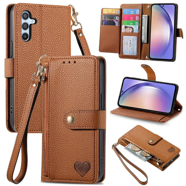For Samsung Galaxy A36 5G / A56 5G Case RFID Blocking Zipper Pocket Leather Wallet Phone Cover - Brown