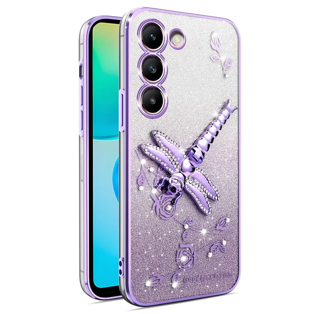 KADEM For Samsung Galaxy S23 Case Dragonfly Kickstand TPU Flowers Glitter Phone Cover - Purple