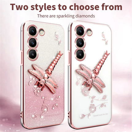 KADEM For Samsung Galaxy S23 Case Dragonfly Kickstand TPU Flowers Glitter Phone Cover