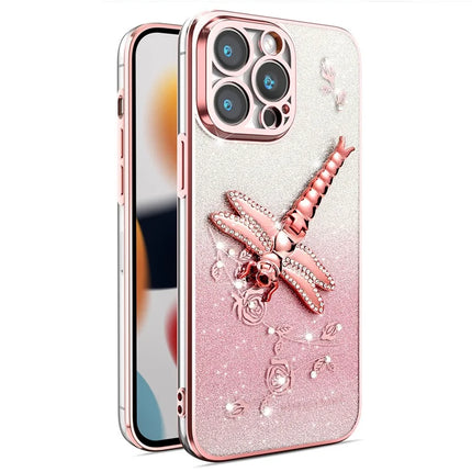 KADEM For iPhone 15 Pro Max Case Dragonfly Kickstand TPU Flowers Glitter Phone Cover - Pink