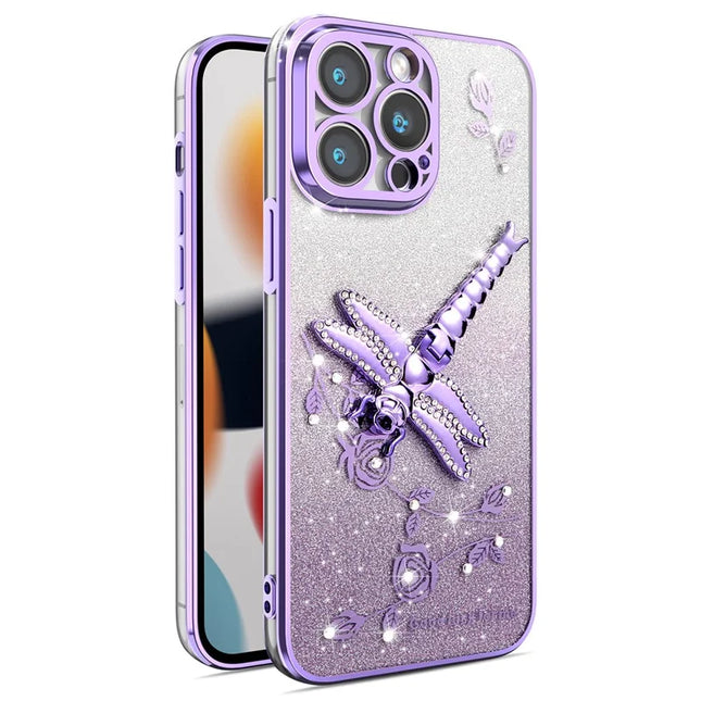 KADEM For iPhone 13 Pro Max Case Dragonfly Kickstand TPU Flowers Glitter Phone Cover - Purple