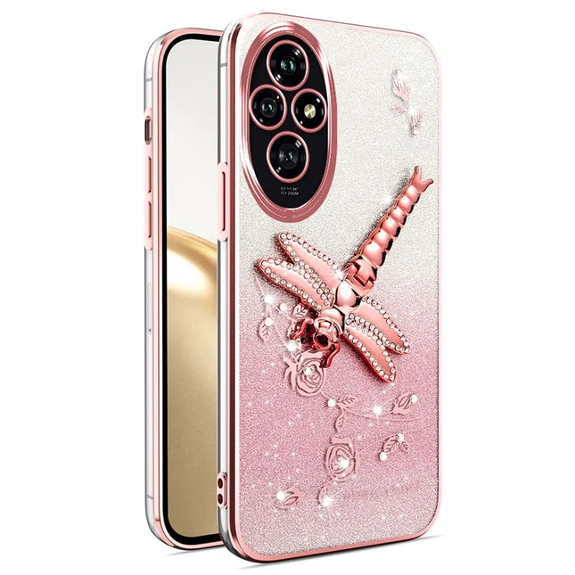 KADEM For Honor 200 5G Case Dragonfly Kickstand TPU Flowers Glitter Phone Cover - Pink