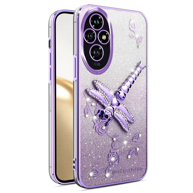 KADEM For Honor 200 Pro 5G Case Dragonfly Kickstand TPU Flowers Glitter Phone Cover - Purple