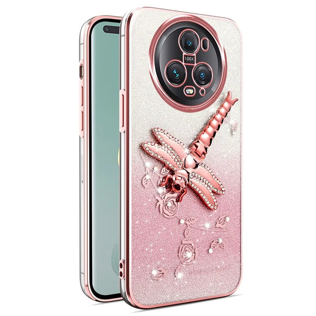 KADEM For Honor Magic5 Pro Case Dragonfly Kickstand TPU Flowers Glitter Phone Cover - Pink