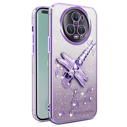 KADEM For Honor Magic5 Pro Case Dragonfly Kickstand TPU Flowers Glitter Phone Cover - Purple