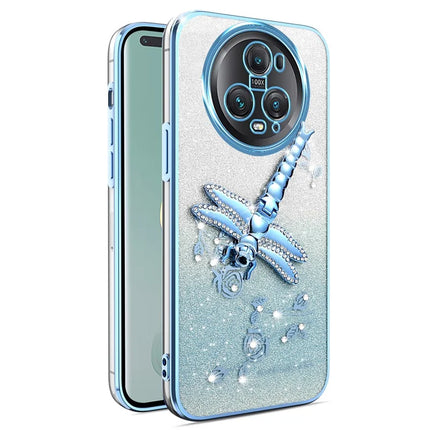 KADEM For Honor Magic5 Pro Case Dragonfly Kickstand TPU Flowers Glitter Phone Cover - Blue