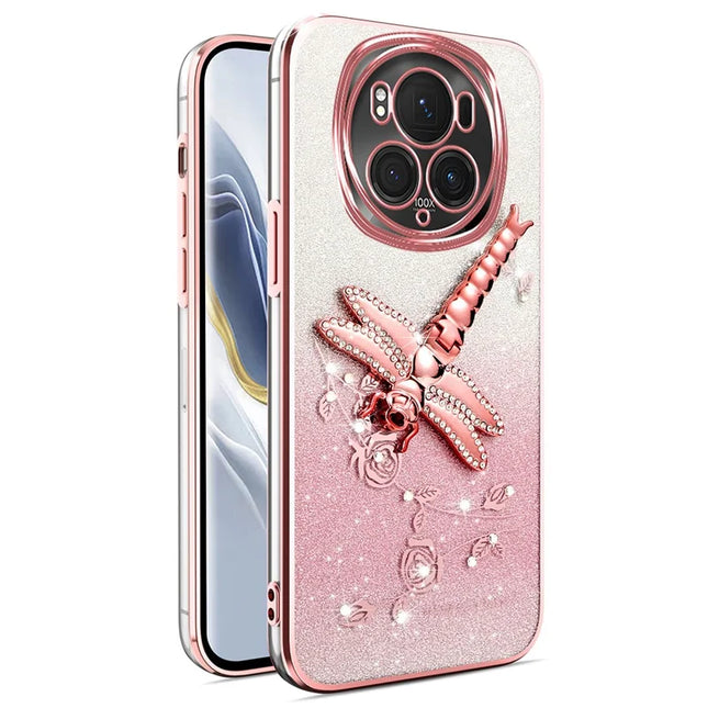 KADEM For Honor Magic6 5G Case Dragonfly Kickstand TPU Flowers Glitter Phone Cover - Pink