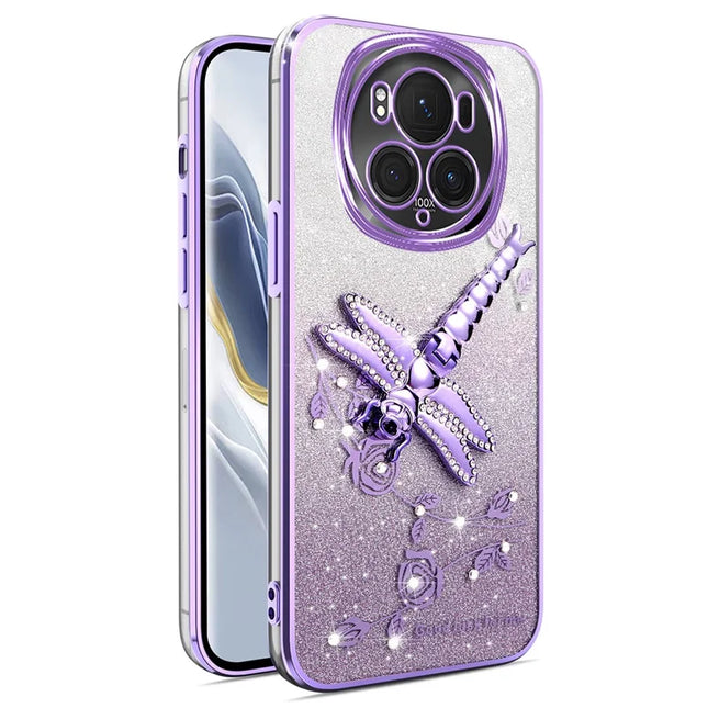 KADEM For Honor Magic6 5G Case Dragonfly Kickstand TPU Flowers Glitter Phone Cover - Purple