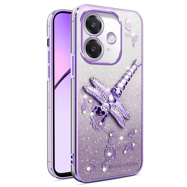 KADEM Case For Oppo A40 4G / A3x 5G / A60 5G Dragonfly Kickstand TPU Flowers Glitter Phone Cover - Purple
