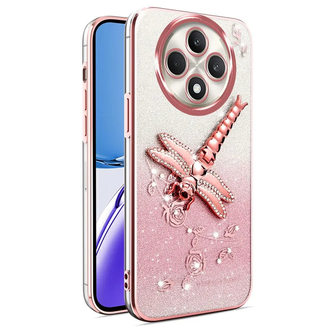KADEM For Oppo Reno12 F 5G / F27 5G Case Dragonfly Kickstand TPU Flowers Glitter Phone Cover - Pink