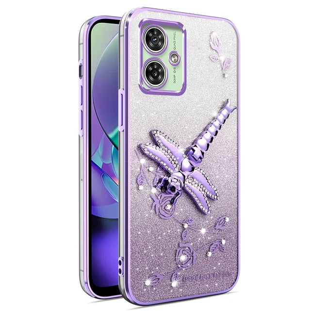 KADEM For Motorola Moto G64 5G / G54 5G Case Dragonfly Kickstand TPU Flowers Glitter Phone Cover - Purple