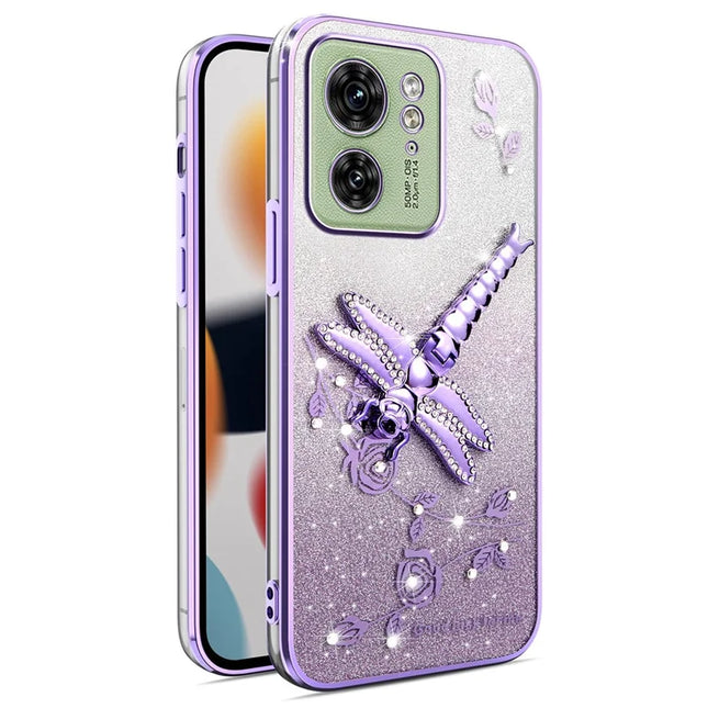 KADEM For Motorola Edge 40 5G Case Dragonfly Kickstand TPU Flowers Glitter Phone Cover - Purple