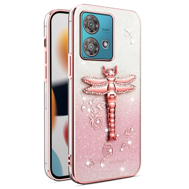 KADEM For Motorola Edge 40 Neo 5G Case Dragonfly Kickstand TPU Flowers Glitter Phone Cover - Pink