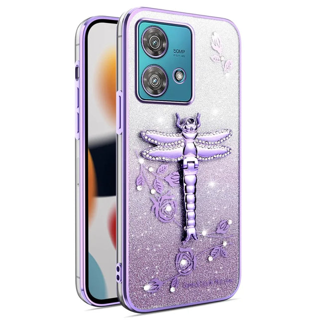 KADEM For Motorola Edge 40 Neo 5G Case Dragonfly Kickstand TPU Flowers Glitter Phone Cover - Purple