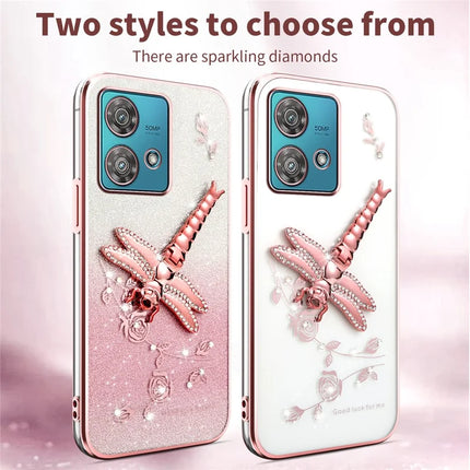 KADEM For Motorola Edge 40 Neo 5G Case Dragonfly Kickstand TPU Flowers Glitter Phone Cover