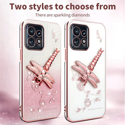 KADEM For Motorola Edge 40 Pro 5G Case Dragonfly Kickstand TPU Flowers Glitter Phone Cover