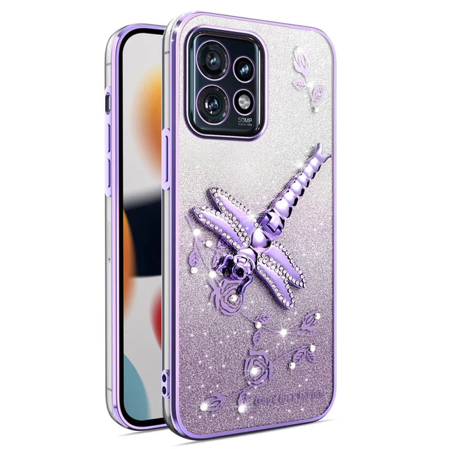 KADEM For Motorola Edge 40 Pro 5G Case Dragonfly Kickstand TPU Flowers Glitter Phone Cover - Purple